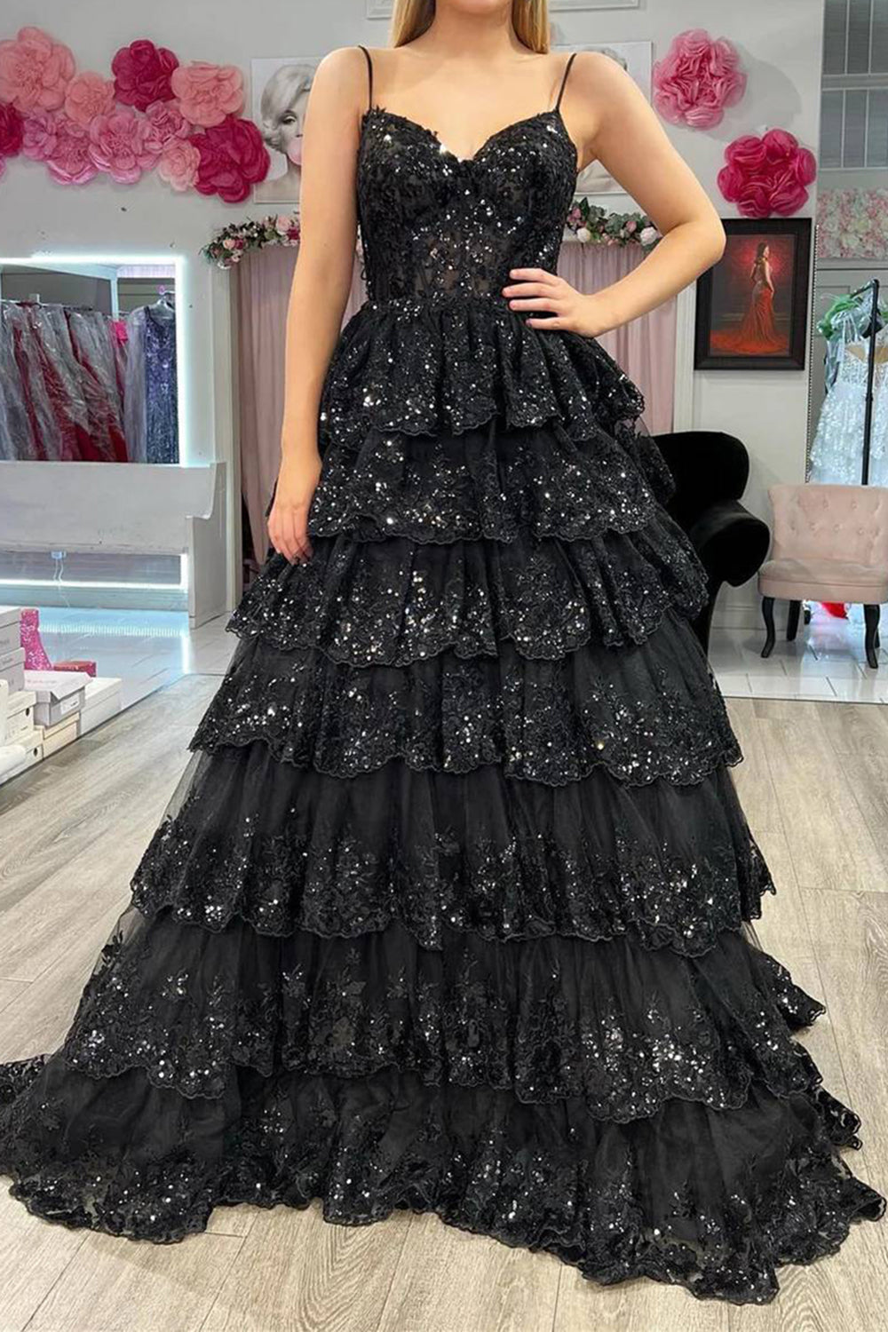 Vestido de fiesta largo con purpurina y apliques de princesa Weitese, corte A, tirantes finos